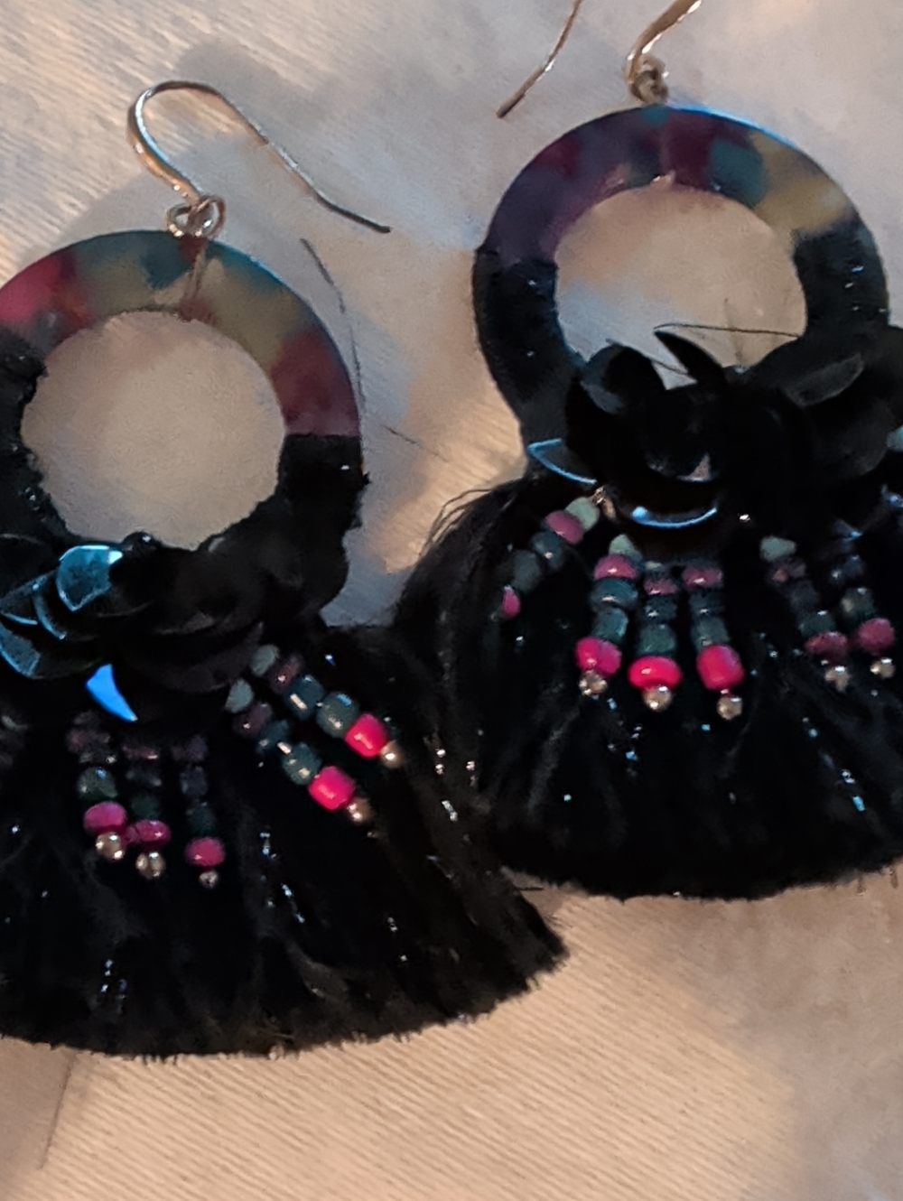 Multicolor Resin Hoop & Black Tassel Beaded Drop Earrings